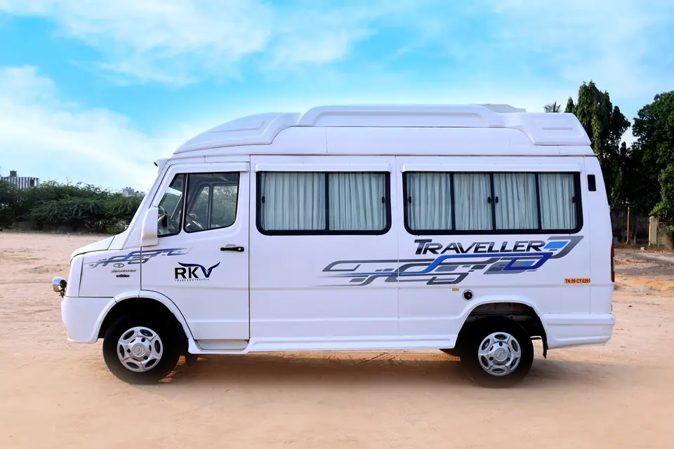 Compact RKV tempo traveller side view with curtains on every window