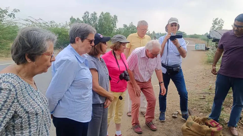 Overseas seniors watching a local roadside activity on a village sightseeing tour